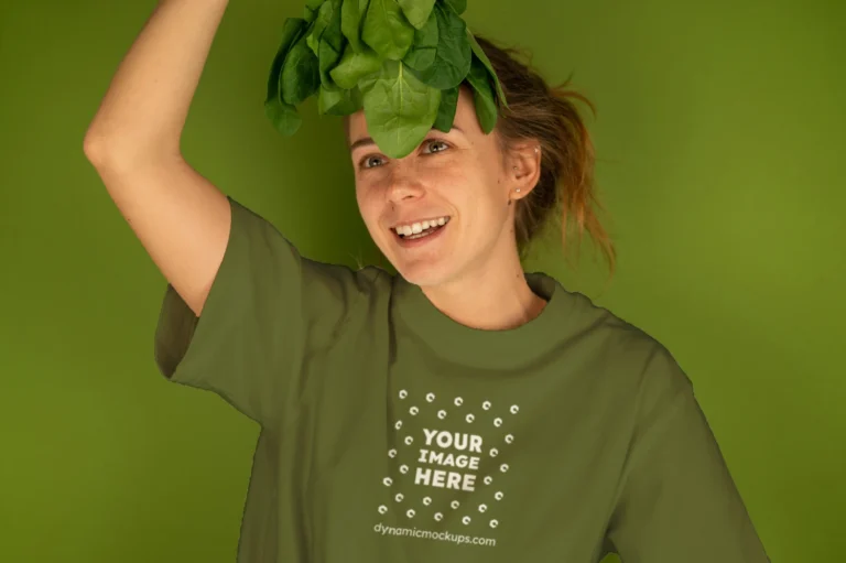 Woman Wearing Olive Green T-shirt Mockup Front View Template
