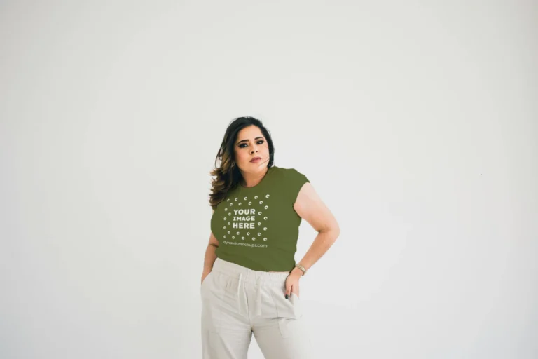 Woman Wearing Olive Green T-shirt Mockup Front View Template