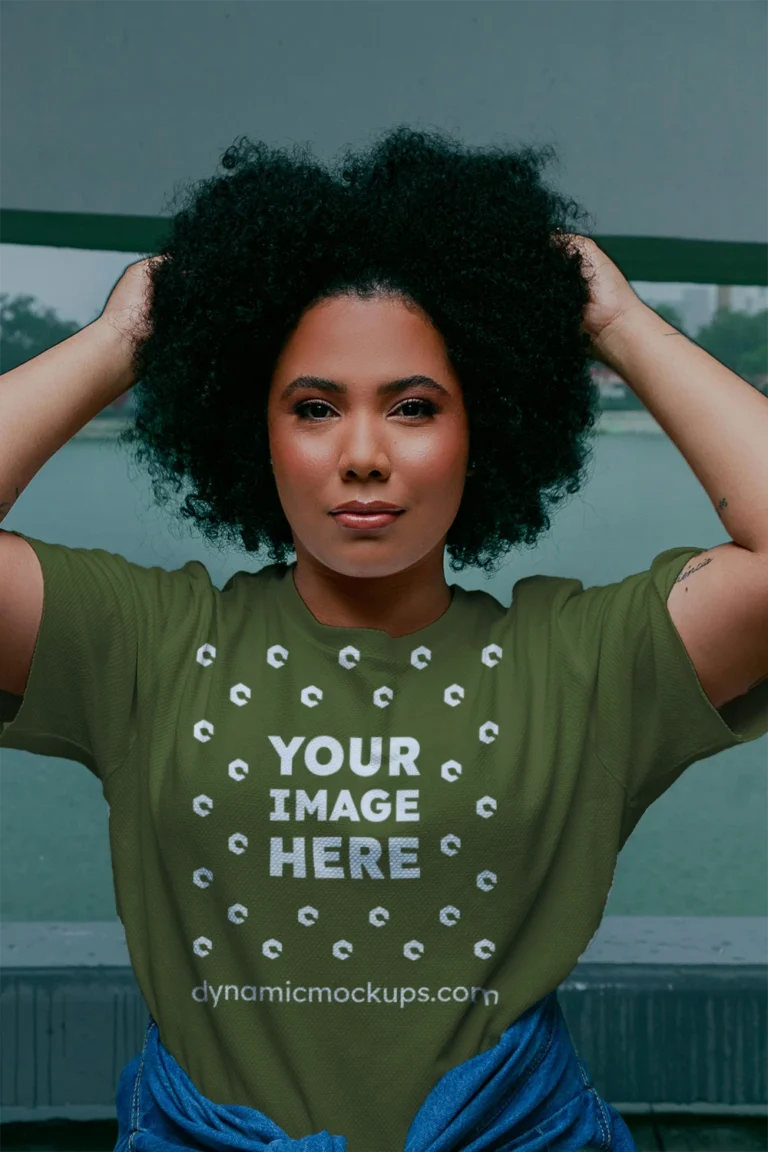 Woman Wearing Olive Green T-shirt Mockup Front View Template