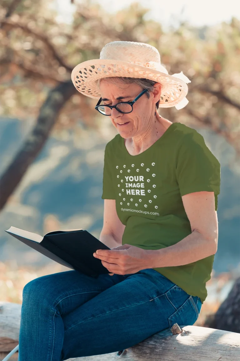 Woman Wearing Olive Green T-shirt Mockup Front View Template