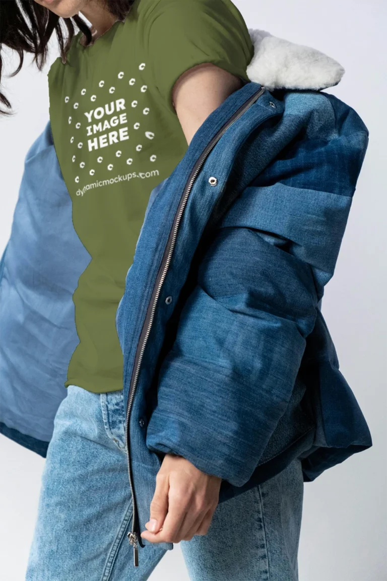 Woman Wearing Olive Green T-shirt Mockup Front View Template