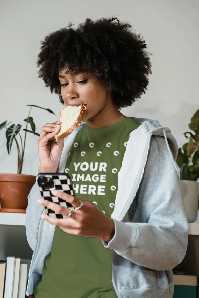 Woman Wearing Olive Green T-shirt Mockup Front View Template