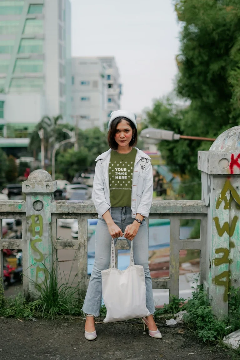 Woman Wearing Olive Green T-shirt Mockup Front View Template