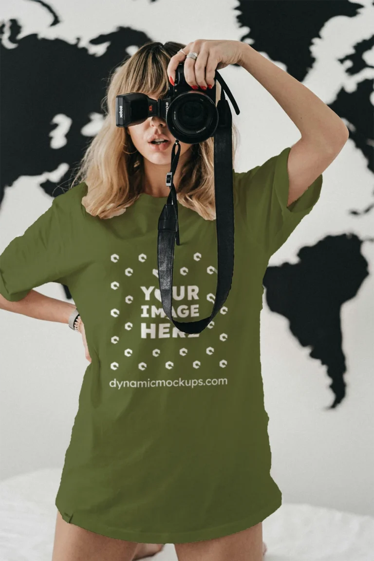 Woman Wearing Olive Green T-shirt Mockup Front View Template
