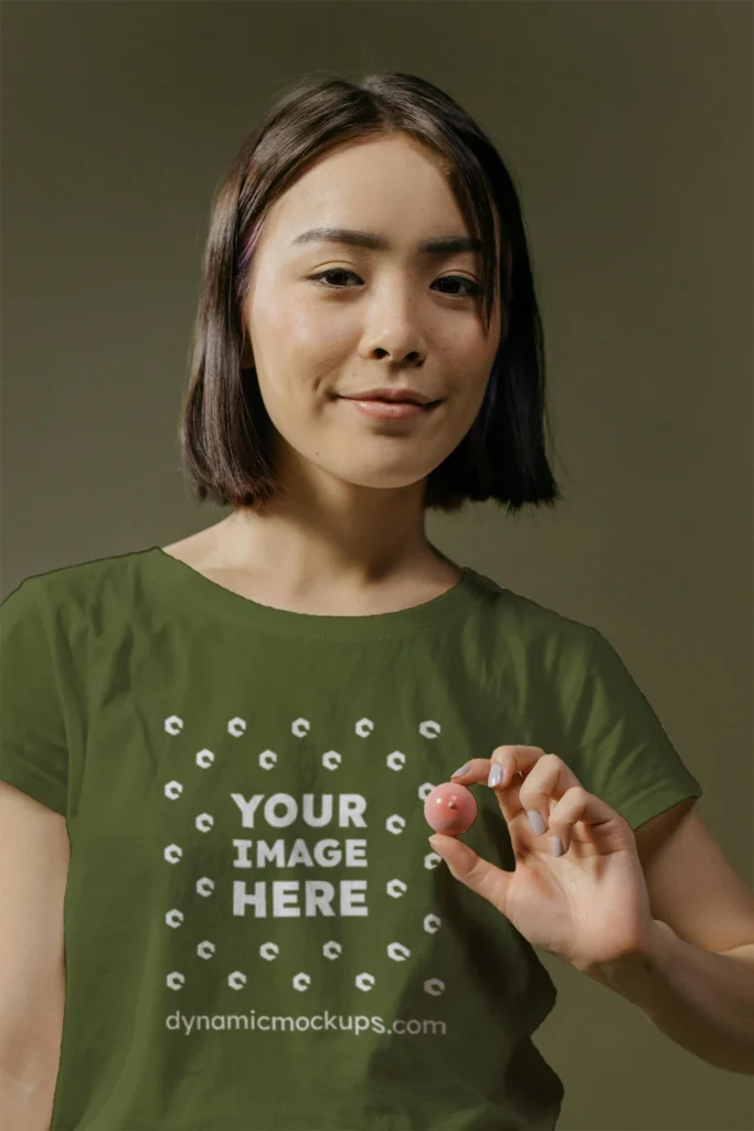 Woman Wearing Olive Green T-shirt Mockup Front View Template