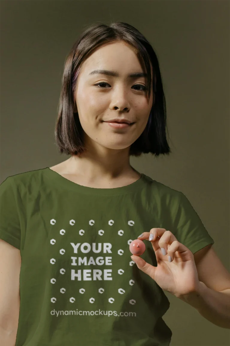 Woman Wearing Olive Green T-shirt Mockup Front View Template