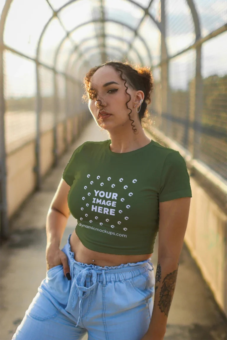 Woman Wearing Olive Green T-shirt Mockup Front View Template