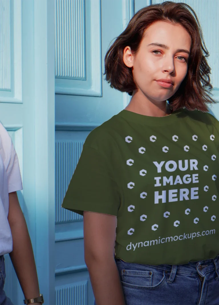 Woman Wearing Olive Green T-shirt Mockup Front View Template