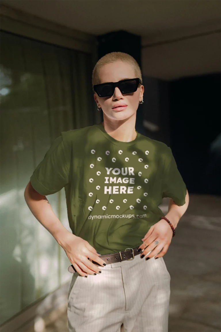 Woman Wearing Olive Green T-shirt Mockup Front View Template