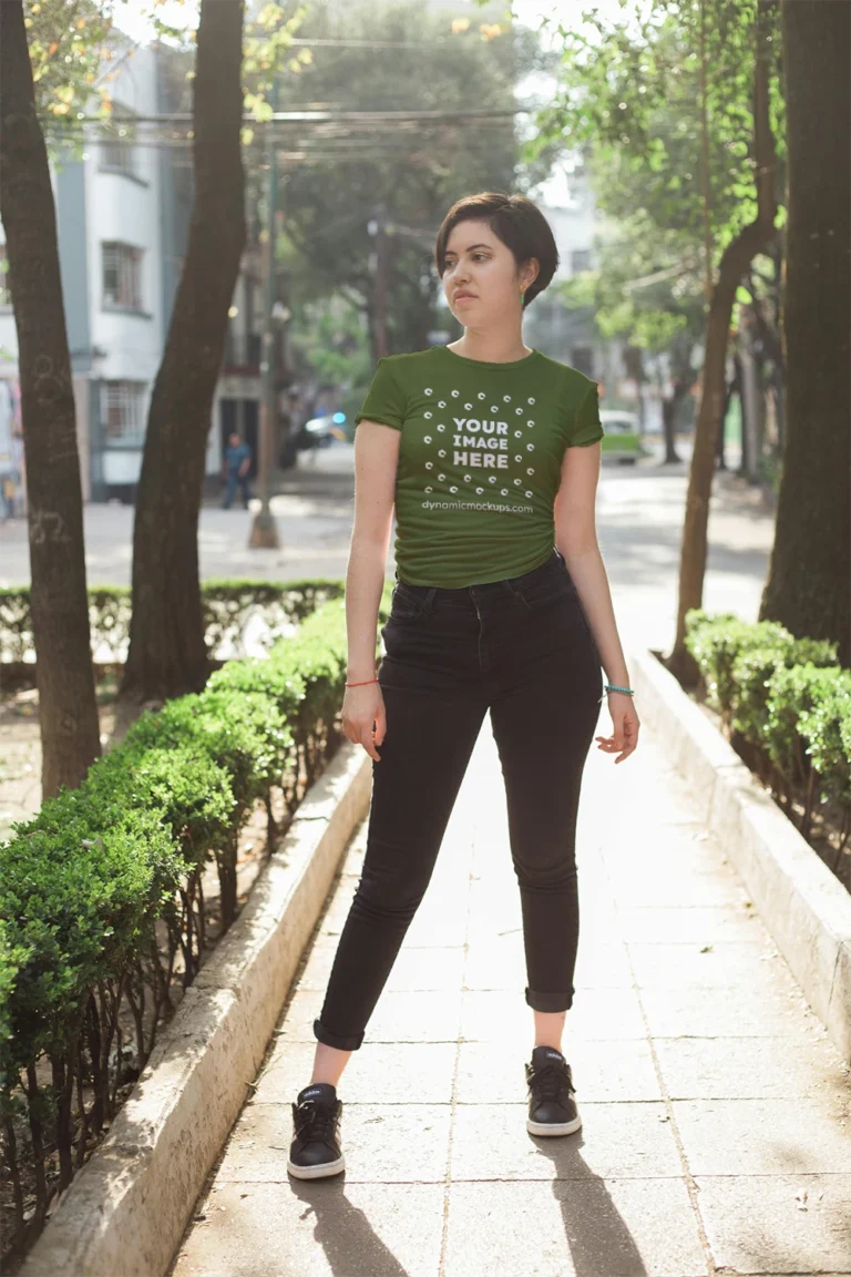 Woman Wearing Olive Green T-shirt Mockup Front View Template