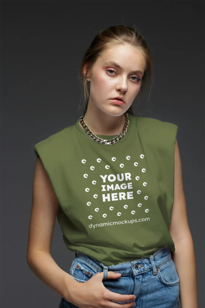 Woman Wearing Olive Green T-shirt Mockup Front View Template