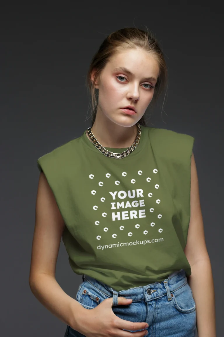 Woman Wearing Olive Green T-shirt Mockup Front View Template