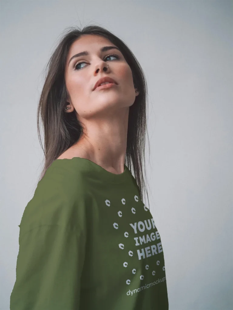 Woman Wearing Olive Green T-shirt Mockup Front View Template