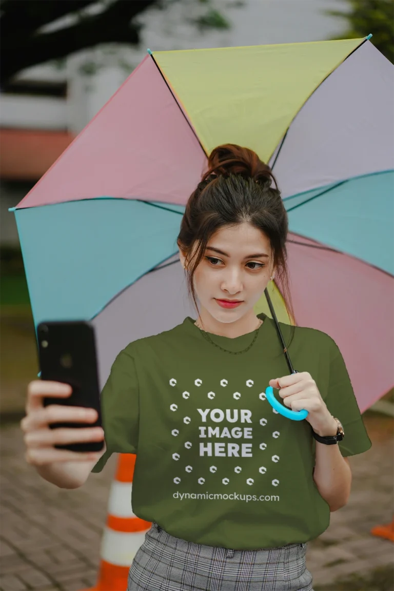 Woman Wearing Olive Green T-shirt Mockup Front View Template