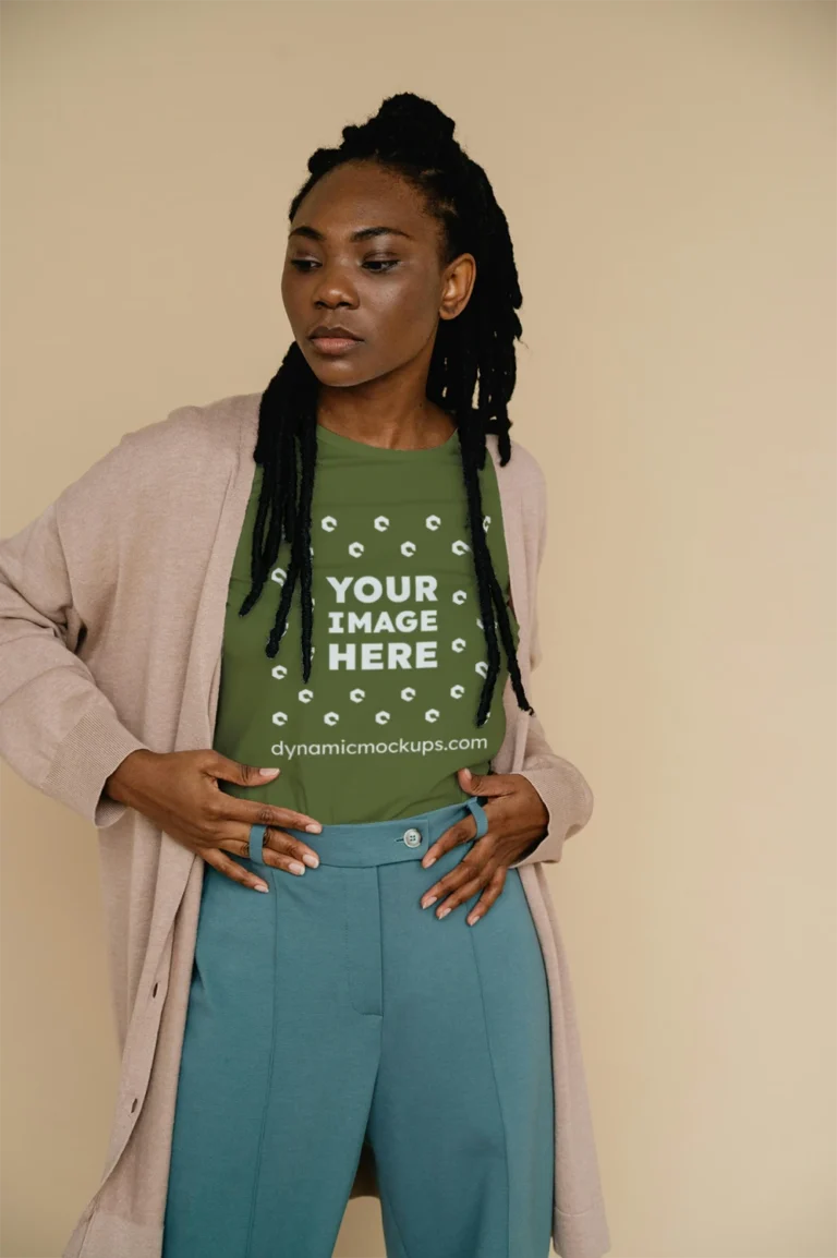 Woman Wearing Olive Green T-shirt Mockup Front View Template