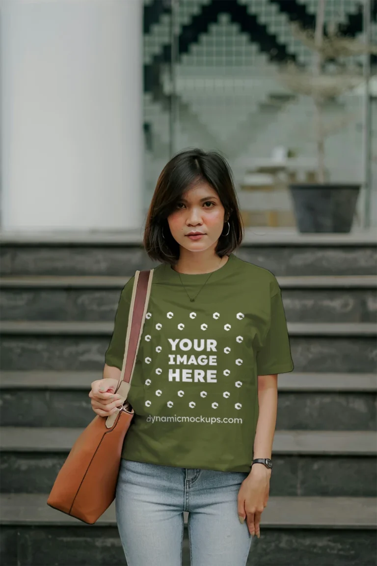 Woman Wearing Olive Green T-shirt Mockup Front View Template