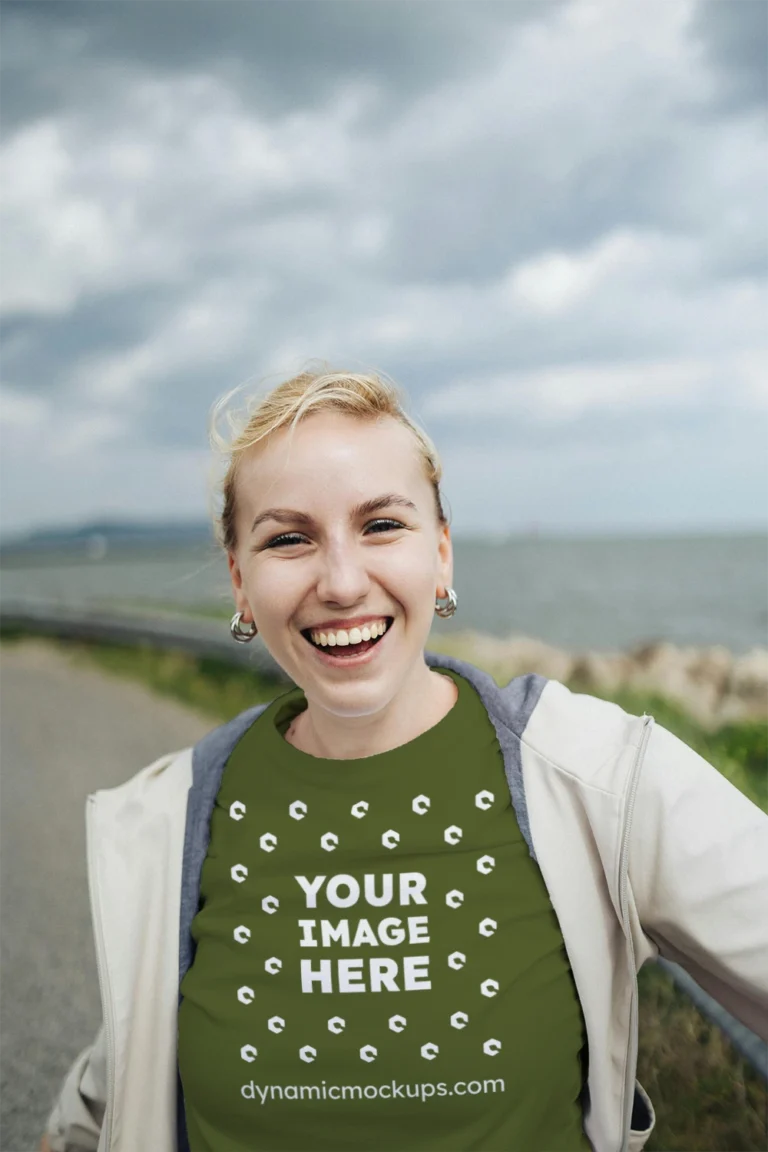 Woman Wearing Olive Green T-shirt Mockup Front View Template