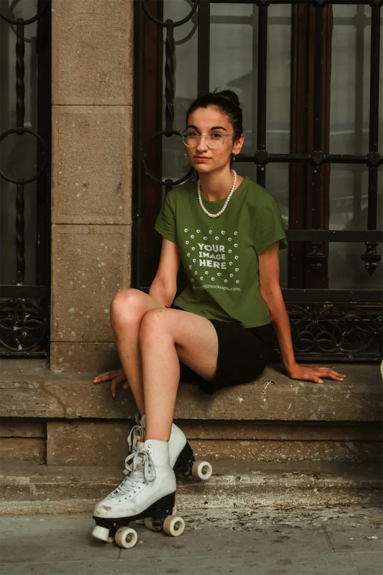 Woman Wearing Olive Green T-shirt Mockup Front View Template