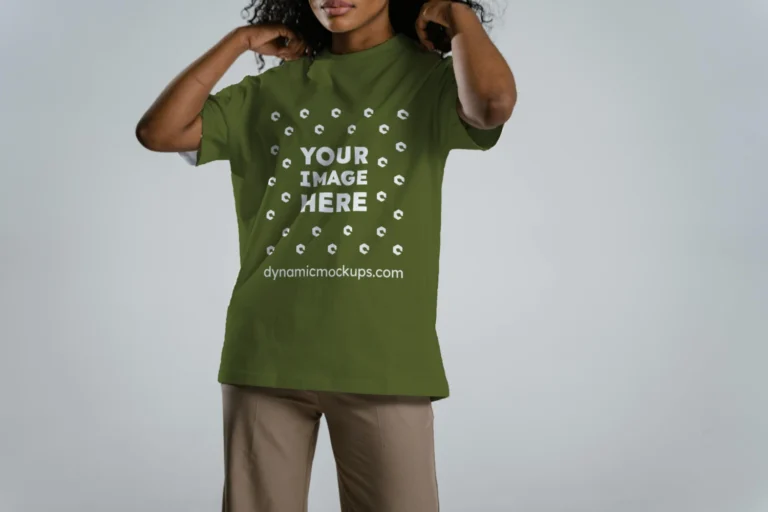 Woman Wearing Olive Green T-shirt Mockup Front View Template