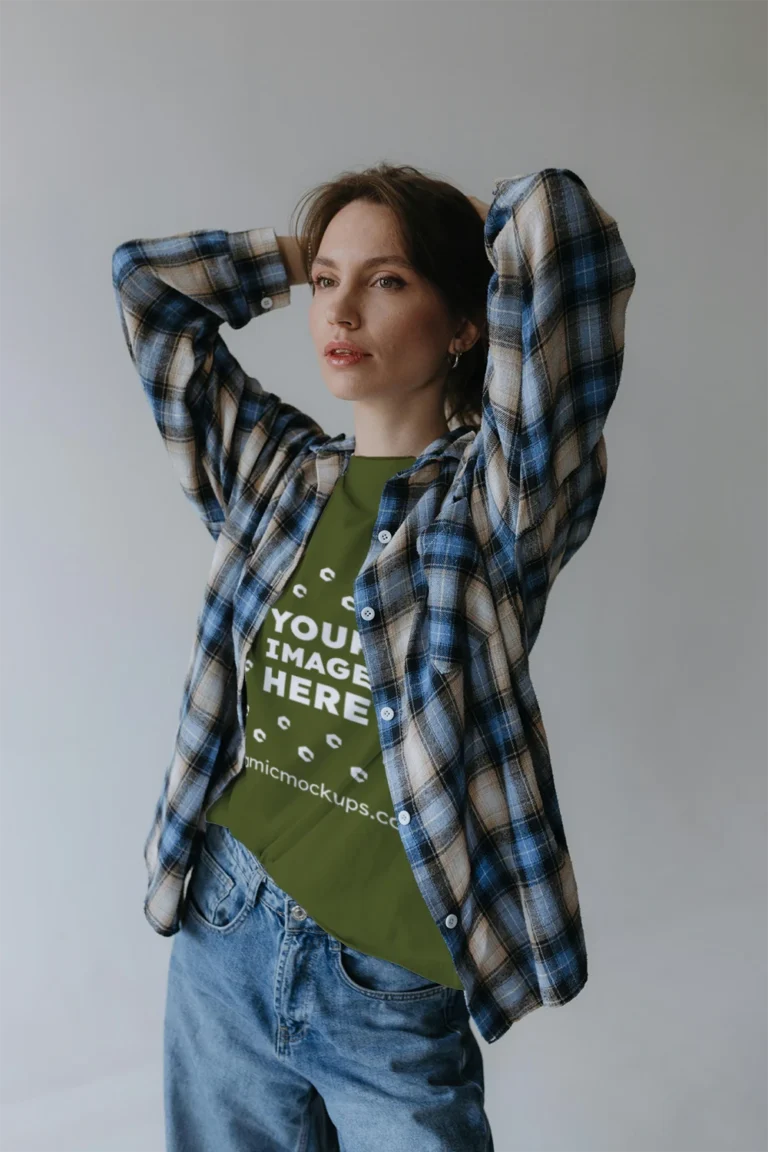 Woman Wearing Olive Green T-shirt Mockup Front View Template