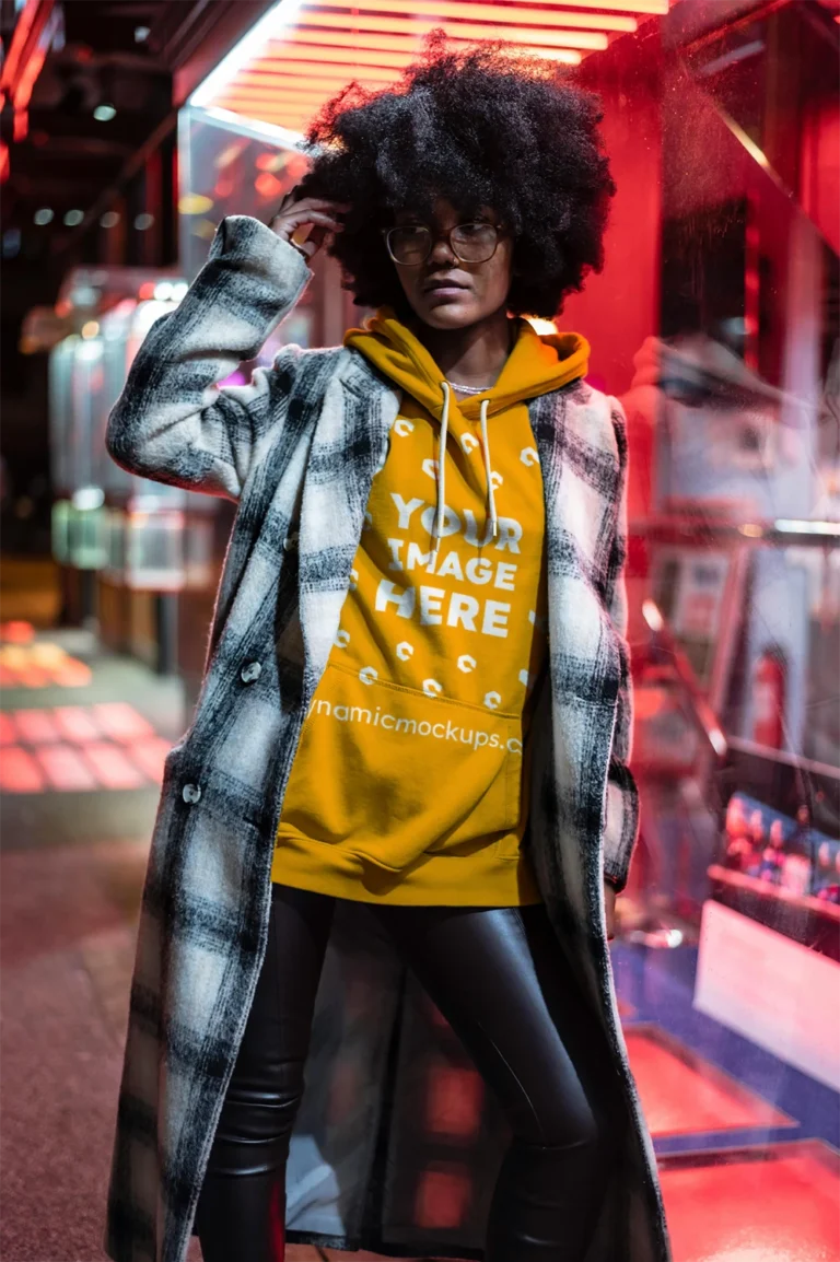 Woman Wearing Orange Hoodie Mockup Front View Template