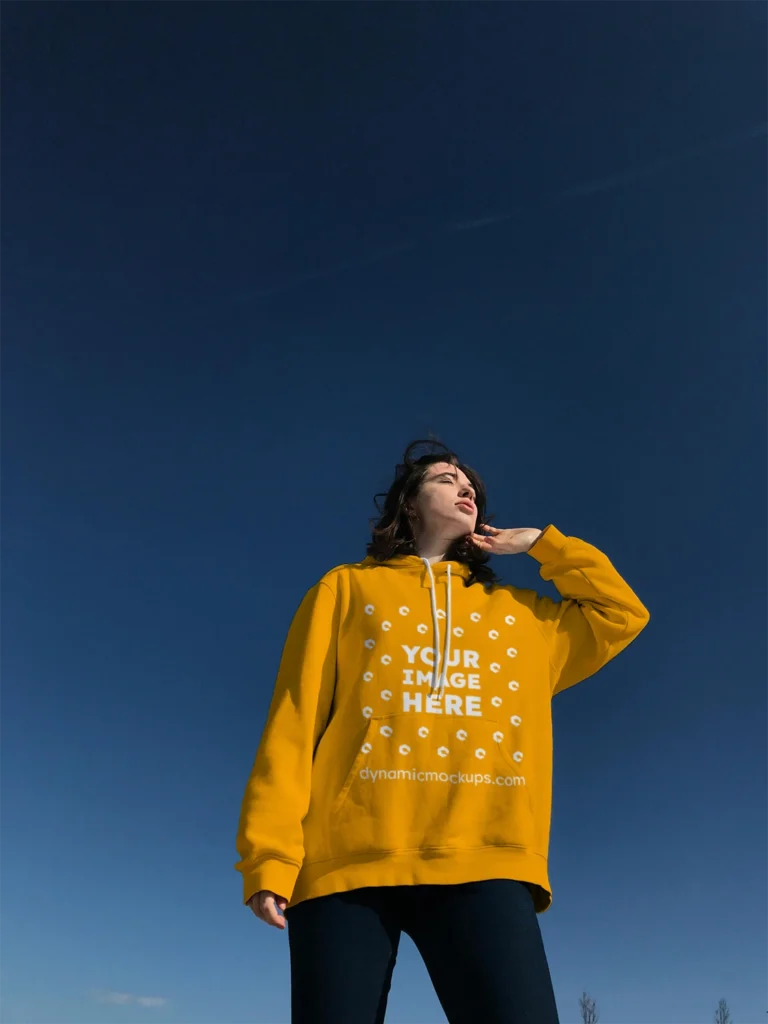Woman Wearing Orange Hoodie Mockup Front View Template