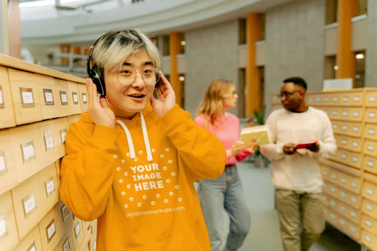 Woman Wearing Orange Hoodie Mockup Front View Template