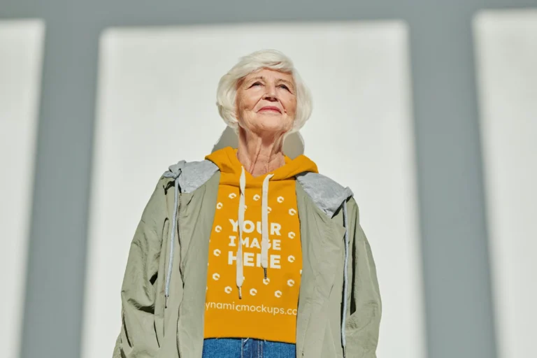 Woman Wearing Orange Hoodie Mockup Front View Template