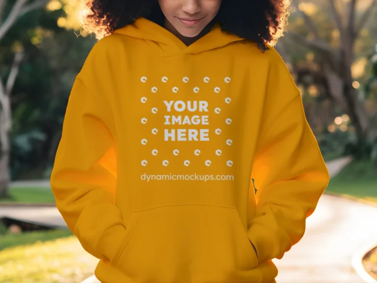 Woman Wearing Orange Hoodie Mockup Front View Template