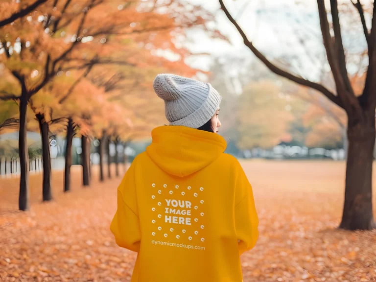 Woman Wearing Orange Hoodie Mockup Back View Template