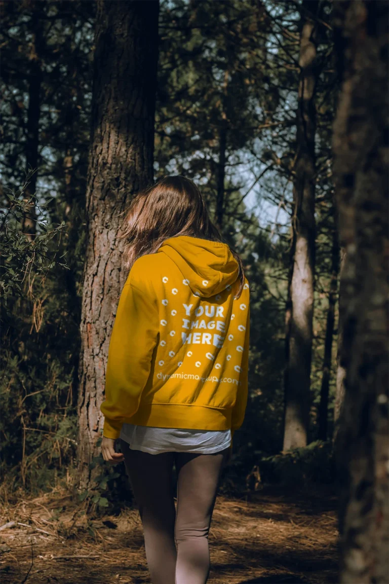 Woman Wearing Orange Hoodie Mockup Back View Template