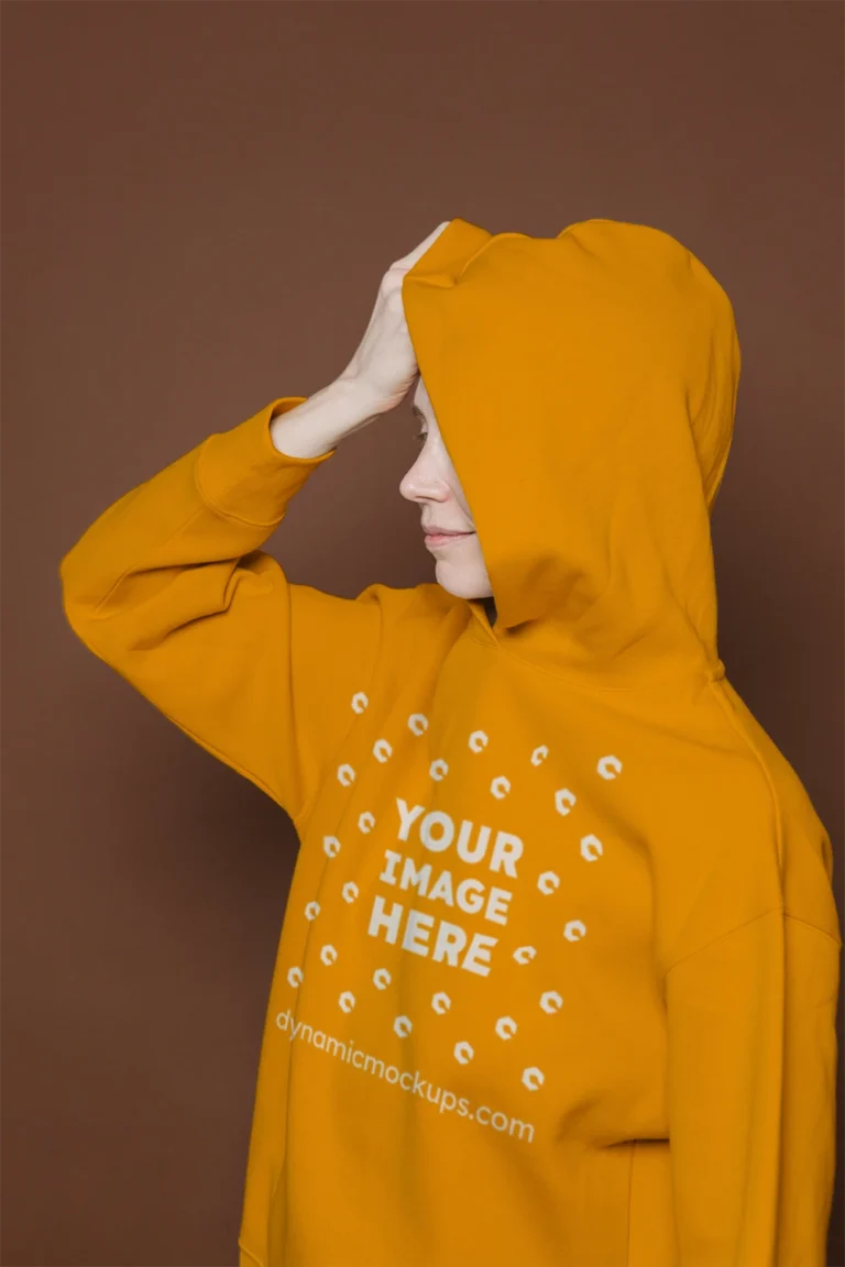 Woman Wearing Orange Hoodie Mockup Front View Template
