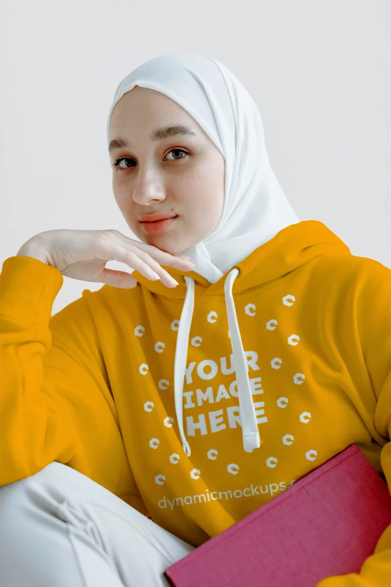 Woman Wearing Orange Hoodie Mockup Front View Template