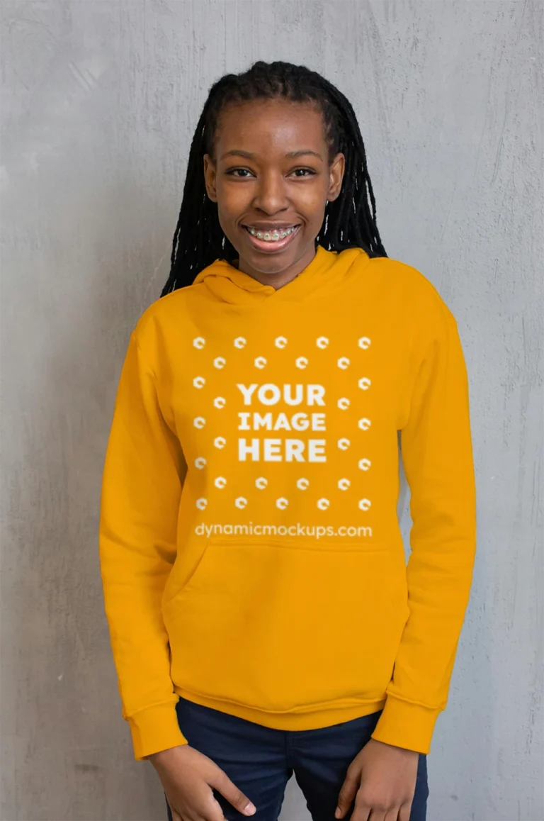 Woman Wearing Orange Hoodie Mockup Front View Template