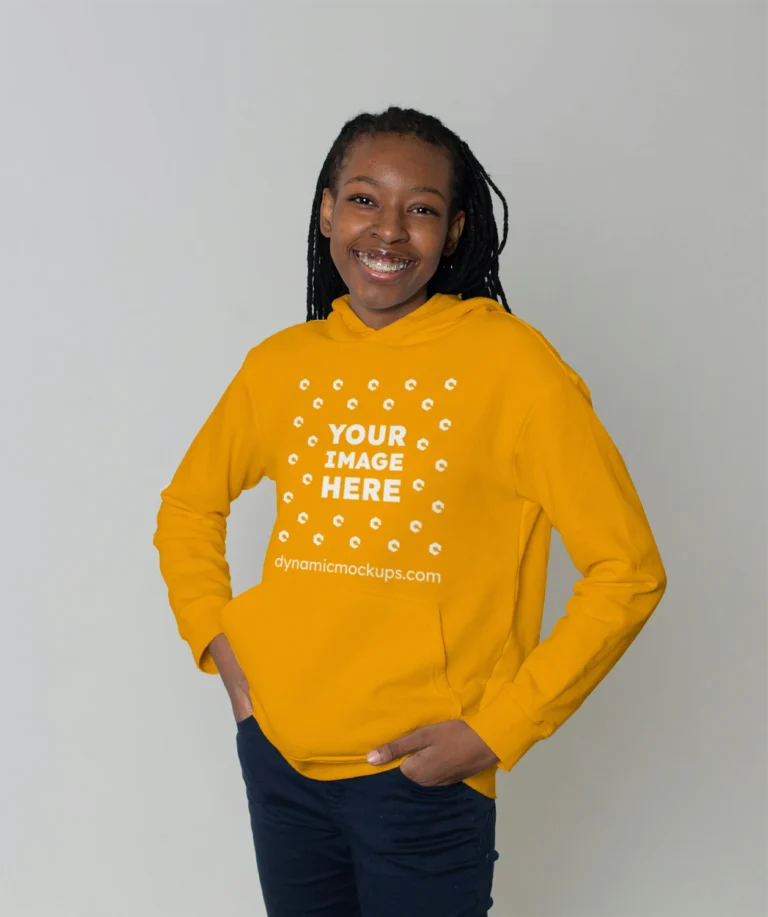 Woman Wearing Orange Hoodie Mockup Front View Template