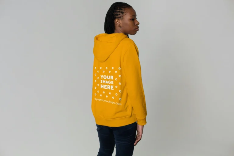 Woman Wearing Orange Hoodie Mockup Back View Template