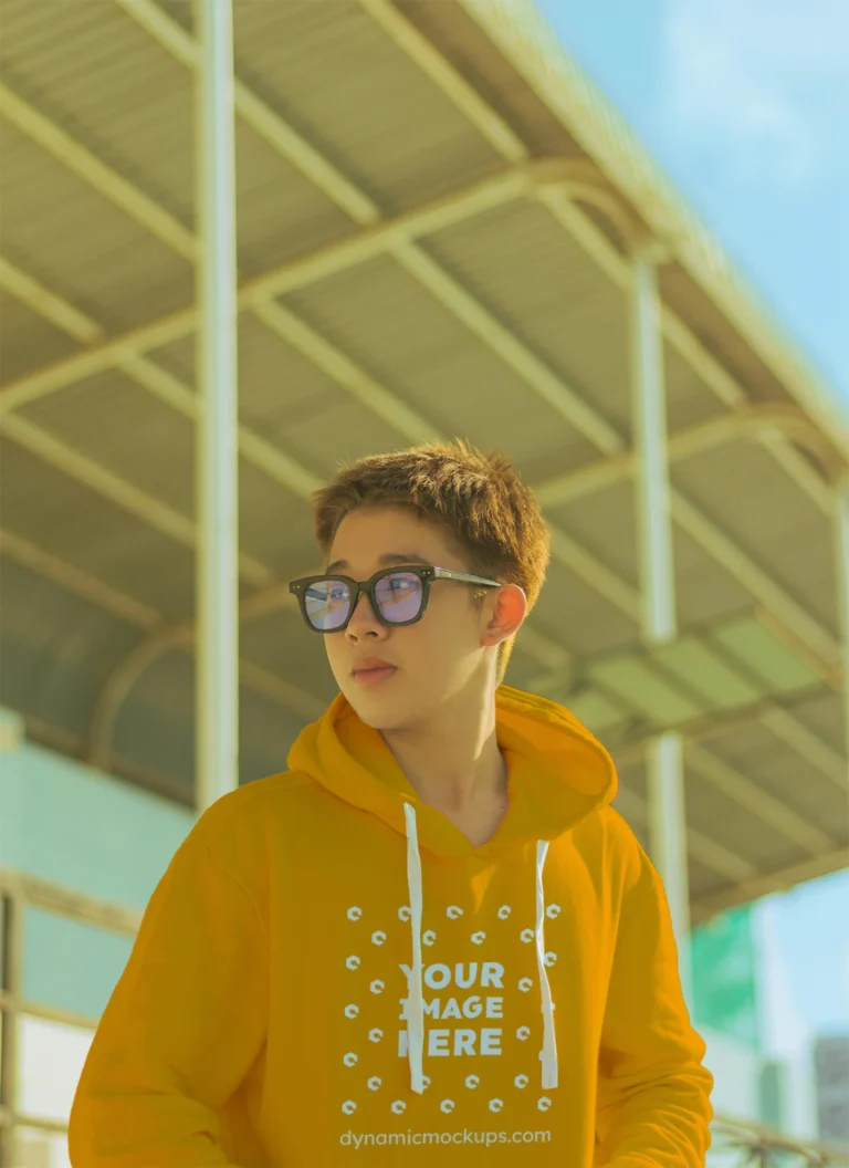 Woman Wearing Orange Hoodie Mockup Front View Template