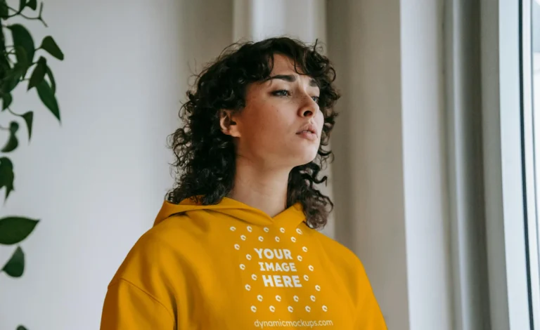 Woman Wearing Orange Hoodie Mockup Front View Template