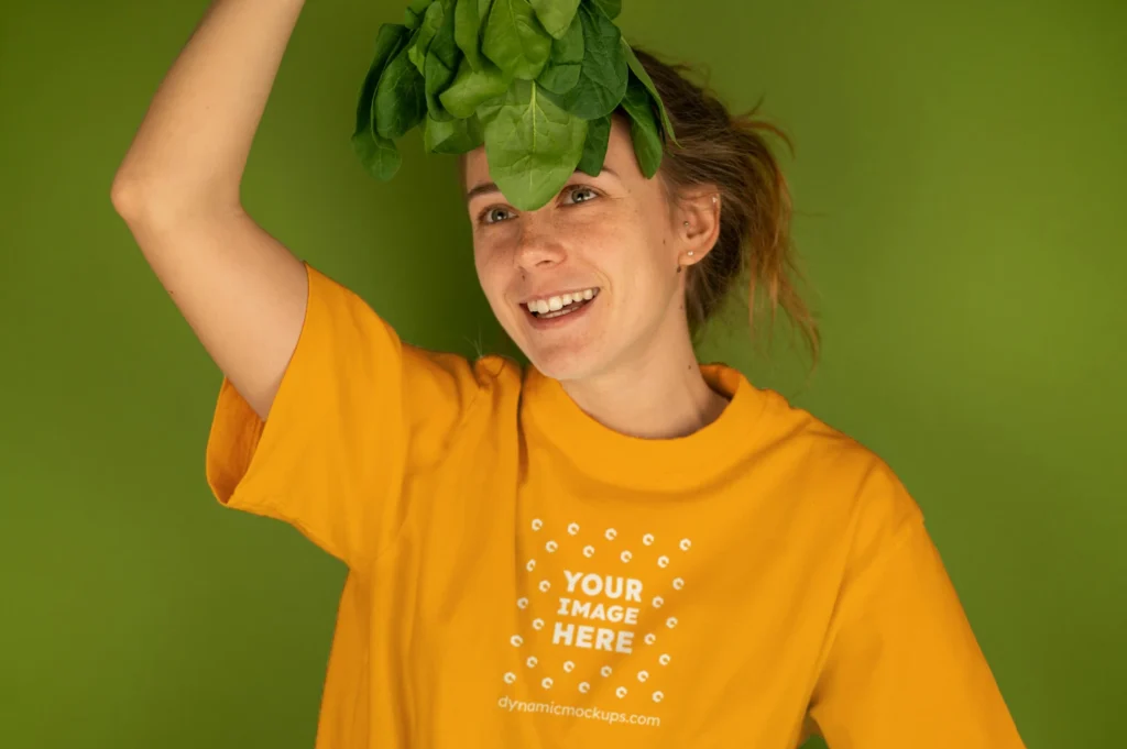 Woman Wearing Orange T-shirt Mockup Front View Template