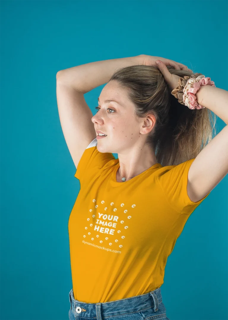 Woman Wearing Orange T-shirt Mockup Front View Template