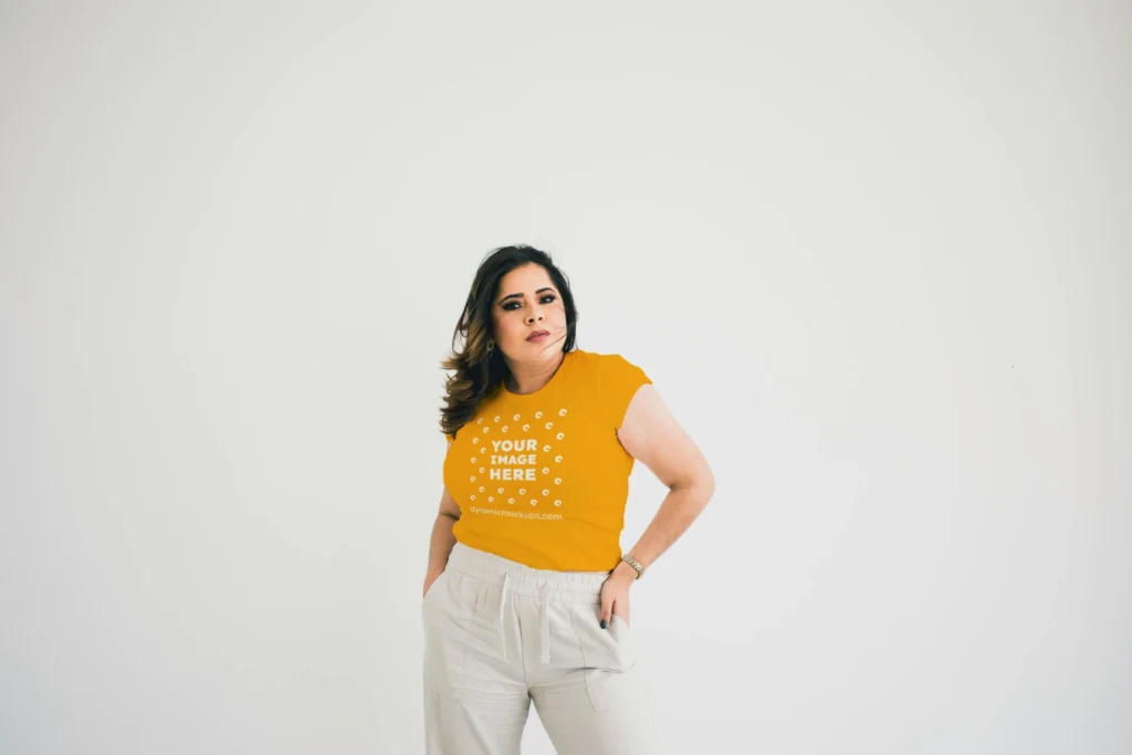 Woman Wearing Orange T-shirt Mockup Front View Template