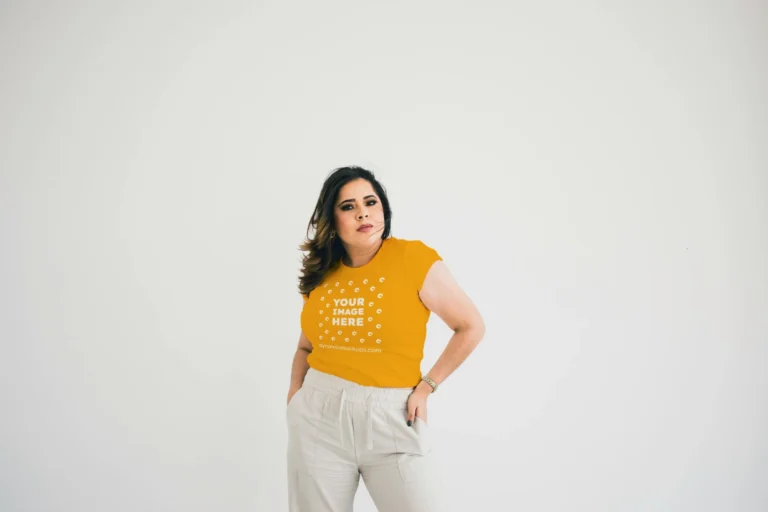Woman Wearing Orange T-shirt Mockup Front View Template