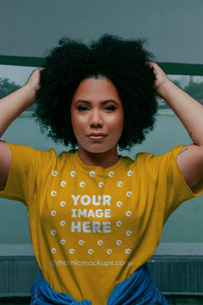 Woman Wearing Orange T-shirt Mockup Front View Template