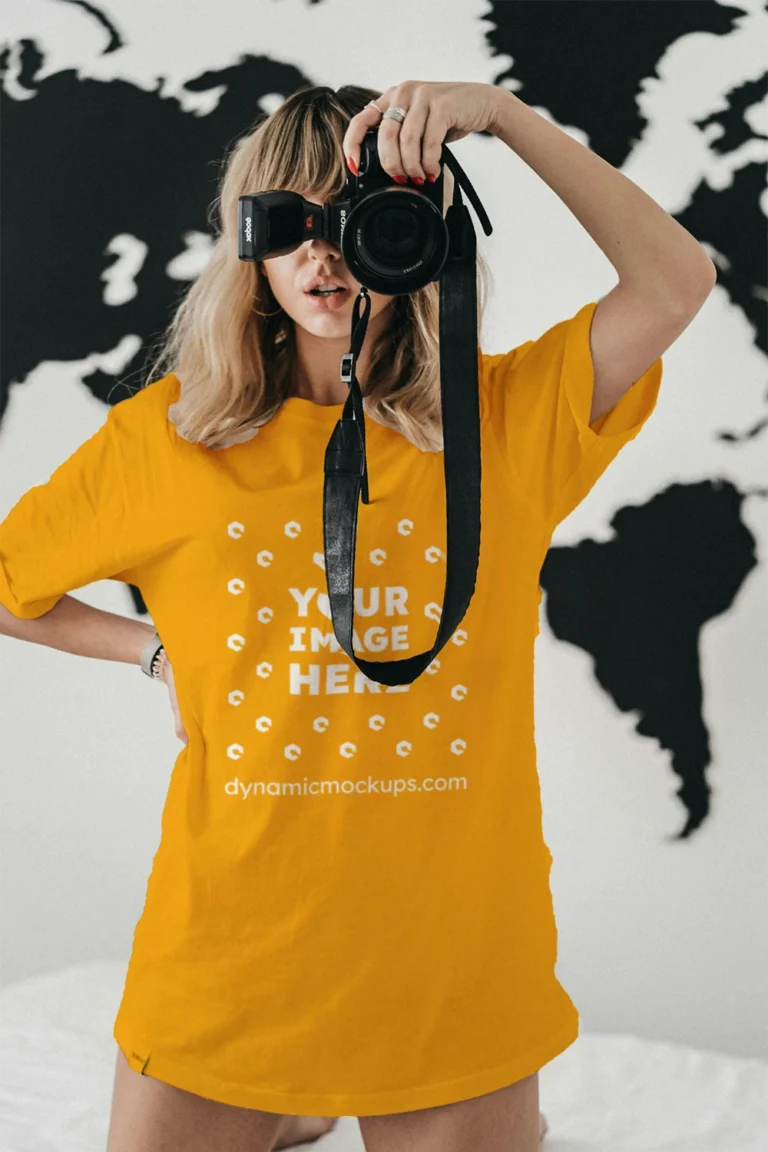 Woman Wearing Orange T-shirt Mockup Front View Template