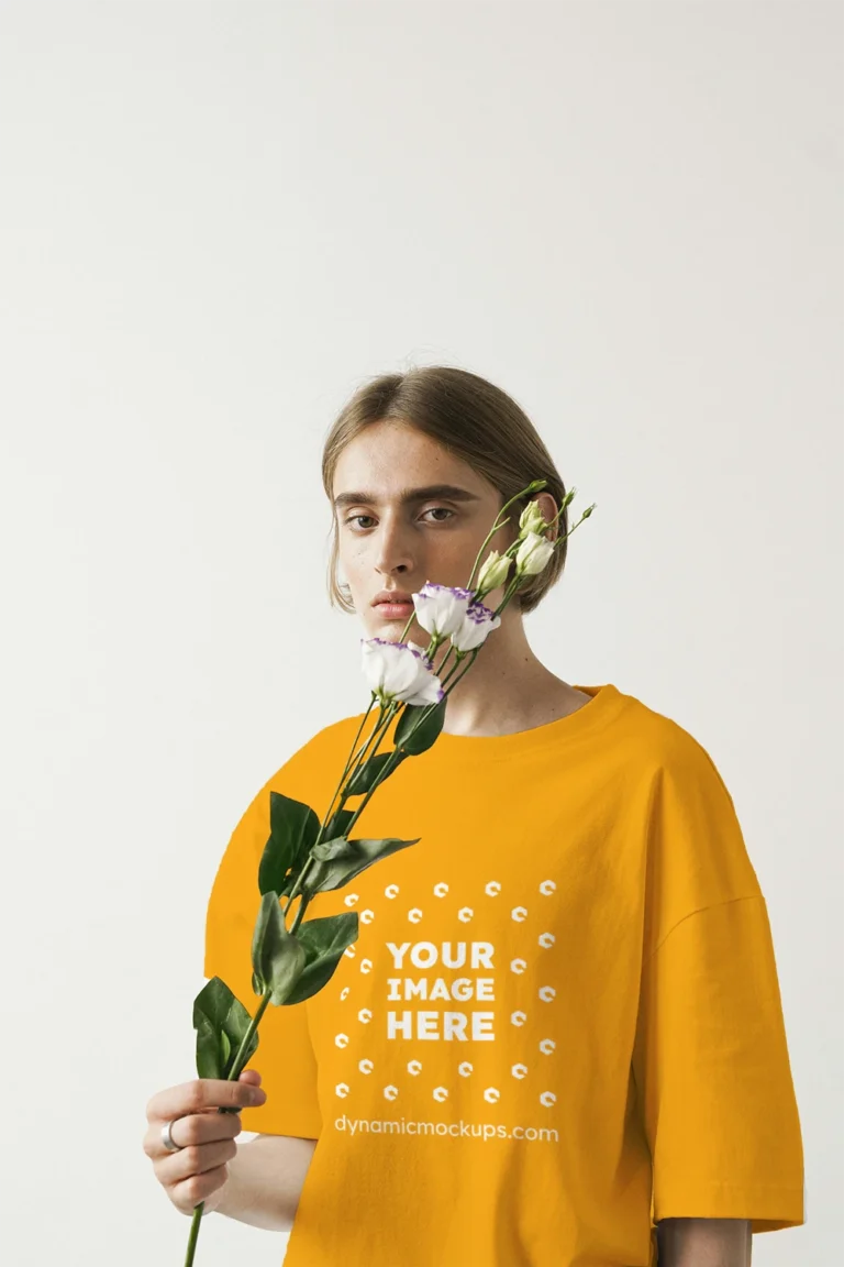 Woman Wearing Orange T-shirt Mockup Front View Template