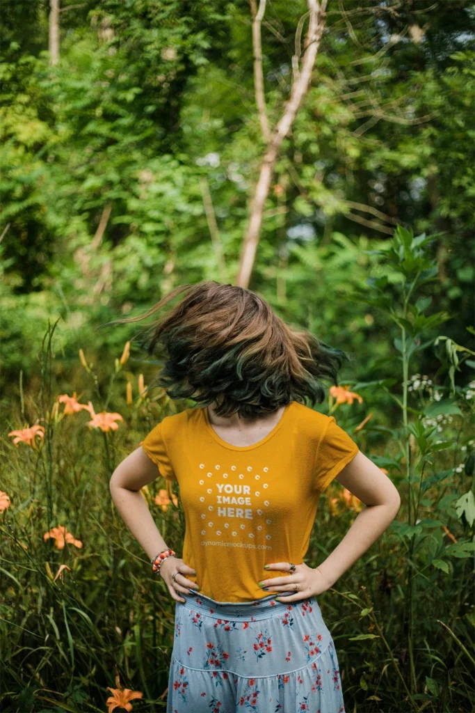 Woman Wearing Orange T-shirt Mockup Front View Template