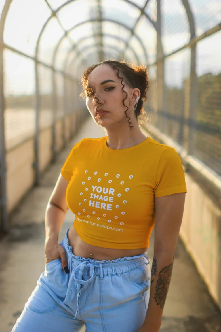 Woman Wearing Orange T-shirt Mockup Front View Template