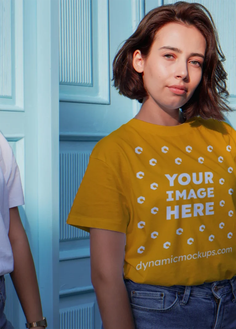 Woman Wearing Orange T-shirt Mockup Front View Template