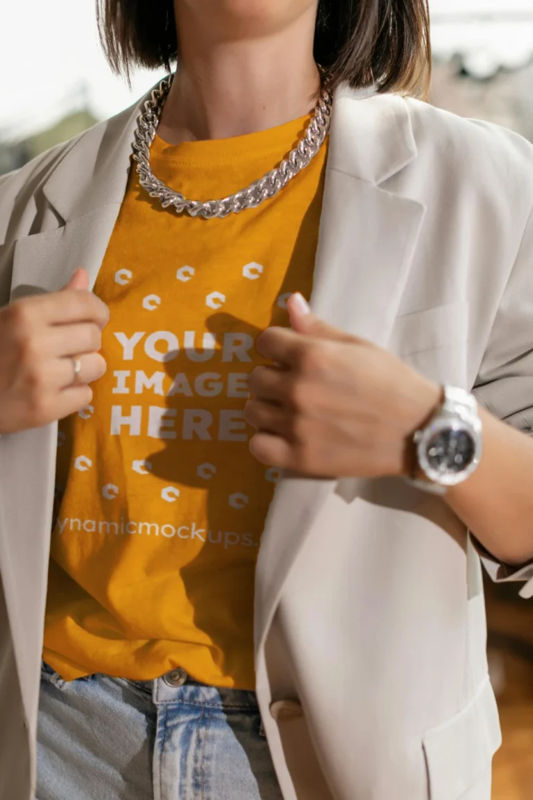 Woman Wearing Orange T-shirt Mockup Front View Template