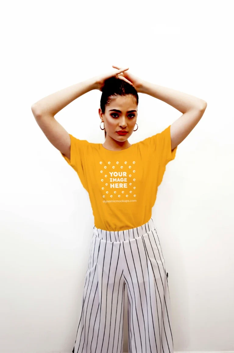 Woman Wearing Orange T-shirt Mockup Front View Template